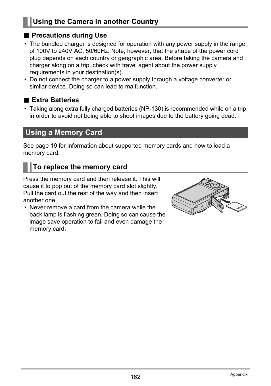 Using the camera in another country, Using a memory card, To replace the memory card | Casio EXILIM EX-H30 User Manual | Page 162 / 196
