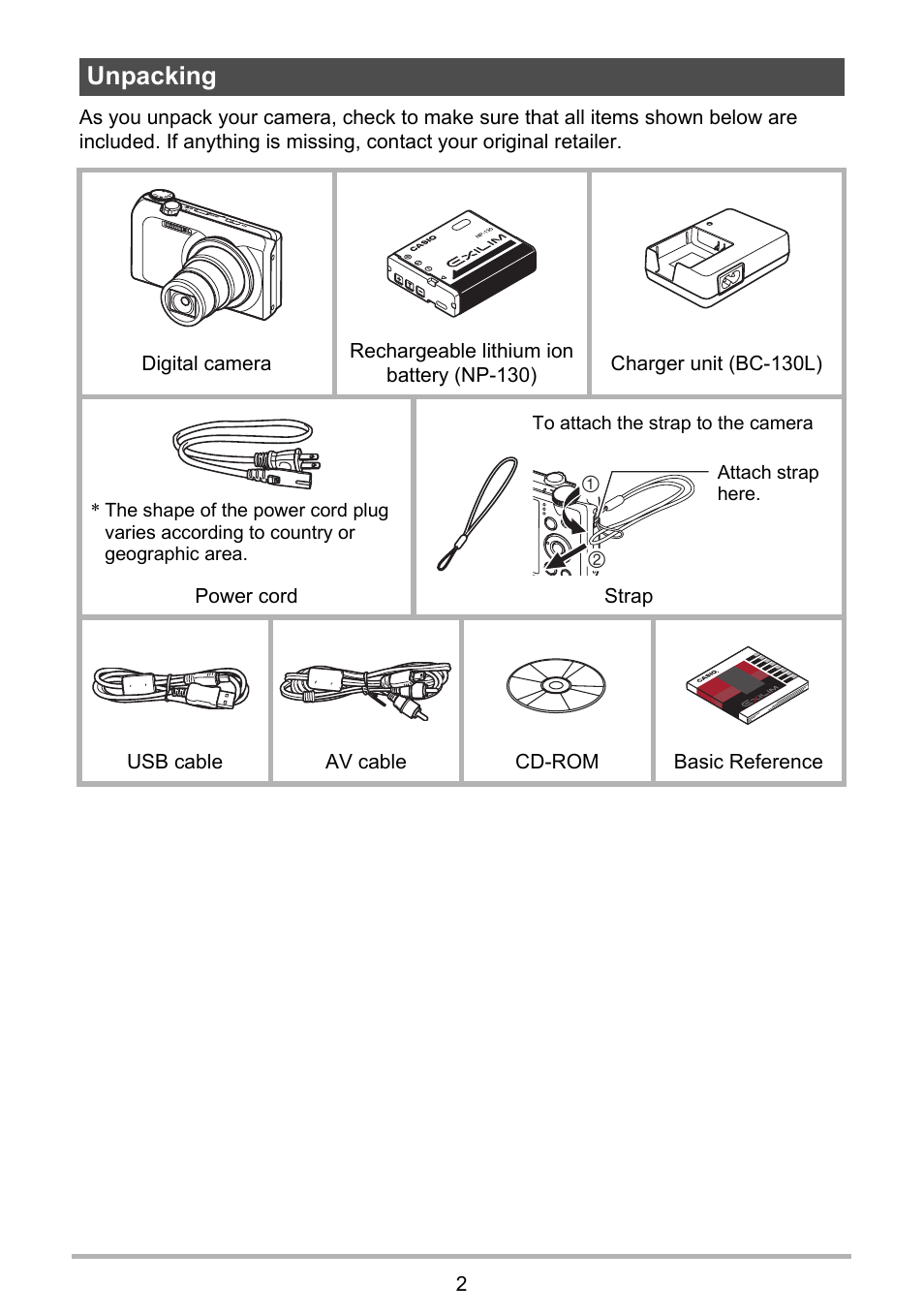 Unpacking | Casio EXILIM EX-H30 User Manual | Page 2 / 196