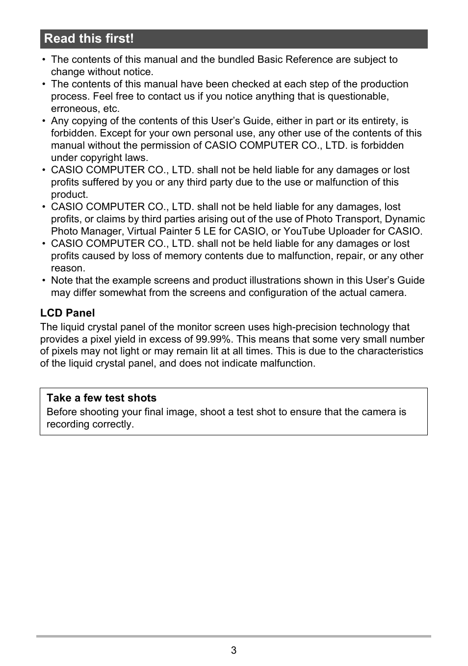 Read this first | Casio EXILIM EX-H30 User Manual | Page 3 / 196