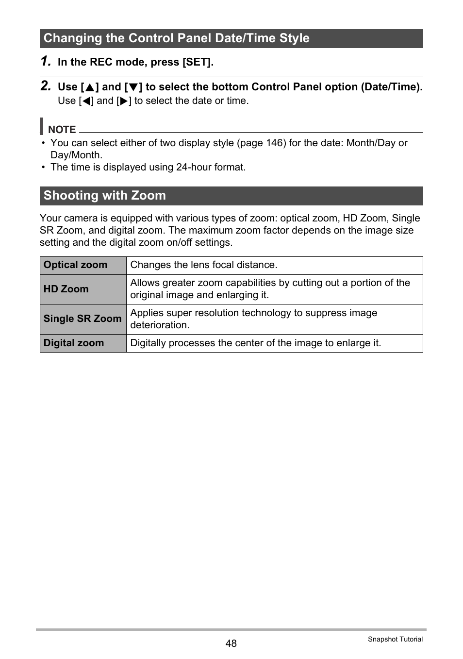 Changing the control panel date/time style, Shooting with zoom | Casio EXILIM EX-H30 User Manual | Page 48 / 196