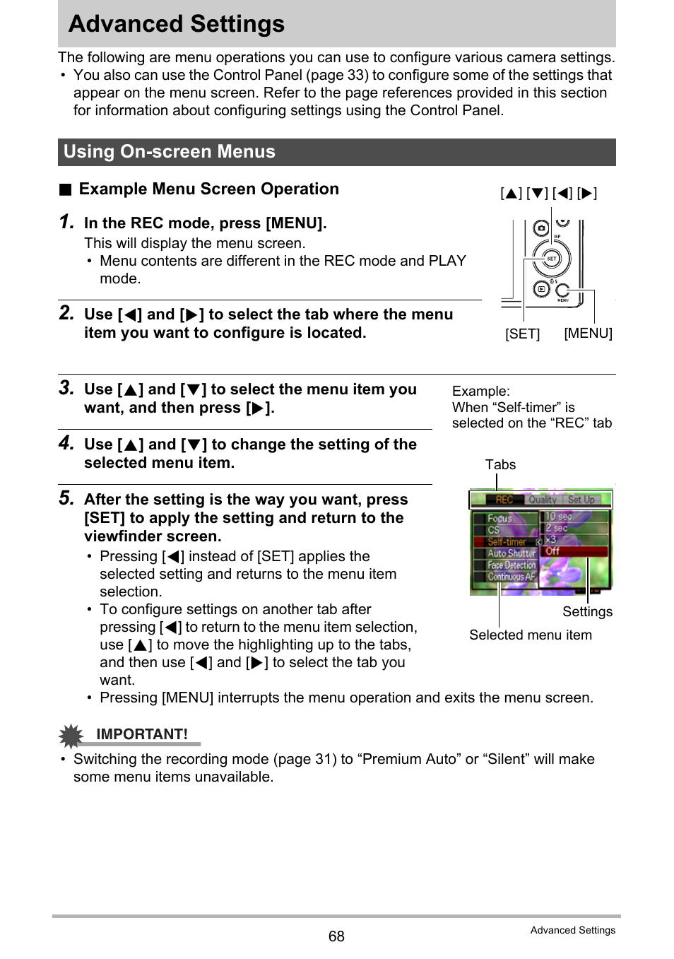 Advanced settings, Using on-screen menus | Casio EXILIM EX-H30 User Manual | Page 68 / 196