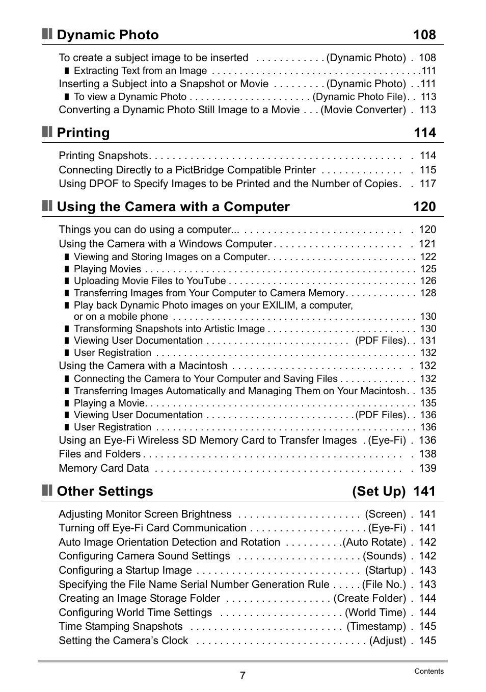 Dynamic photo 108, Printing 114, Using the camera with a computer 120 | Other settings (set up) 141 | Casio EXILIM EX-H30 User Manual | Page 7 / 196