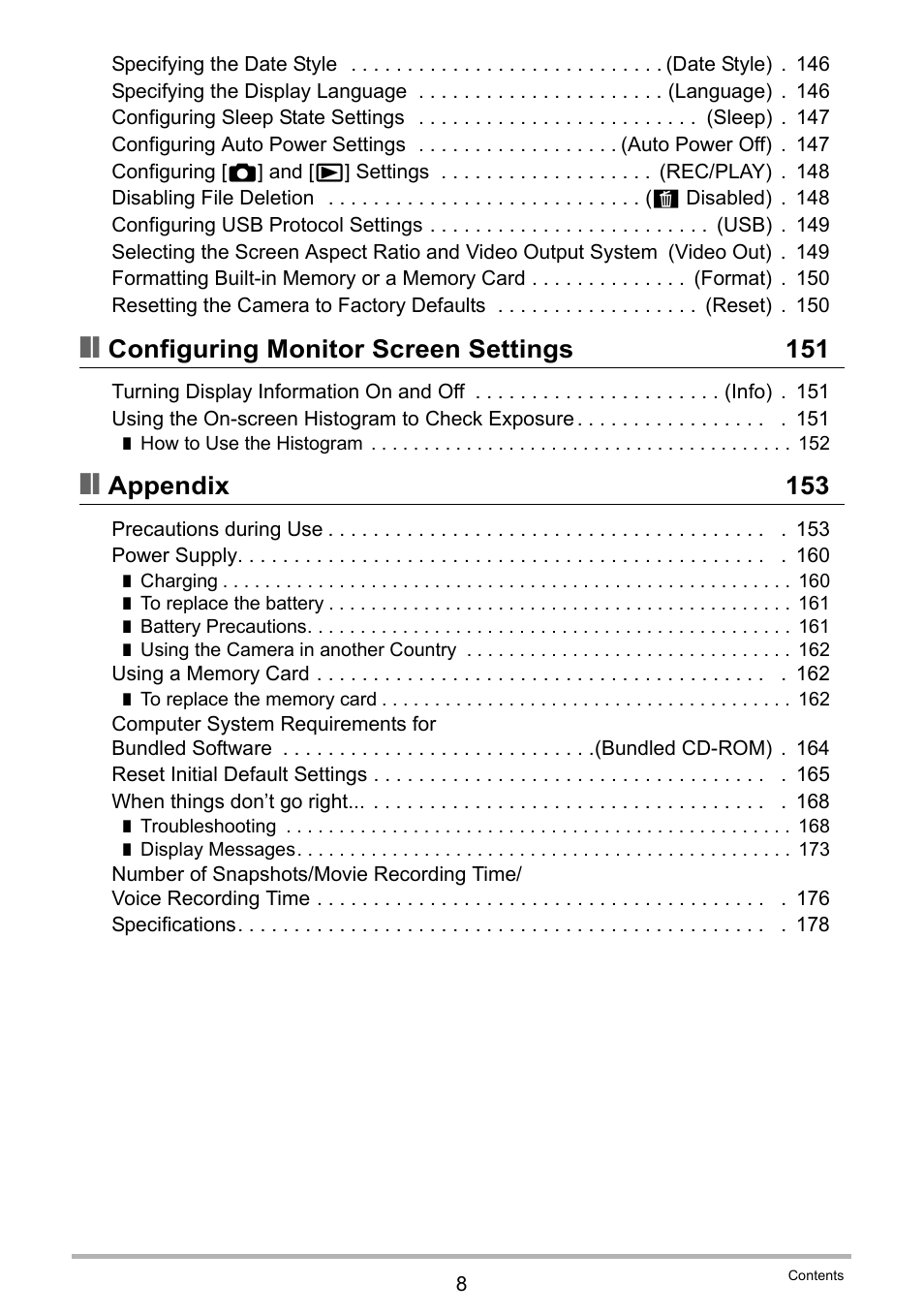 Configuring monitor screen settings 151, Appendix 153 | Casio EXILIM EX-H30 User Manual | Page 8 / 196