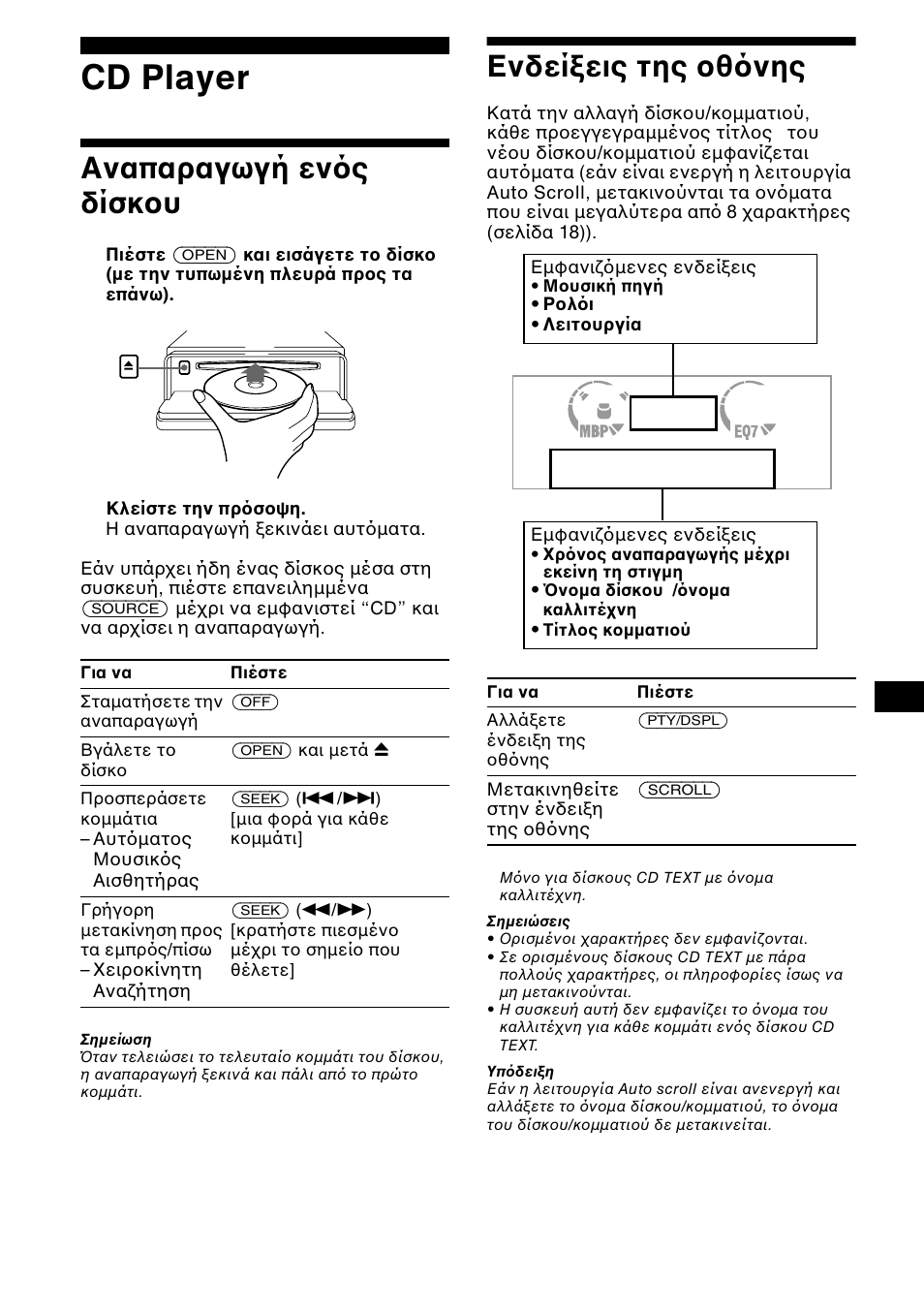 Cd player, Ендеяоейт фзт пиьнзт, Ενδεί εις της θ νης | Αναπαραγωγή εν ς δίσκ υ | Sony CDX-L550 User Manual | Page 105 / 146