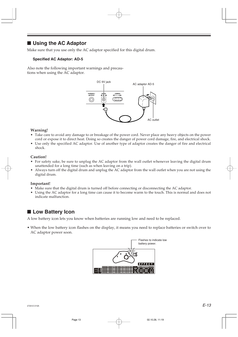 Using the ac adaptor, Low battery icon | Casio LD50 User Manual | Page 15 / 32