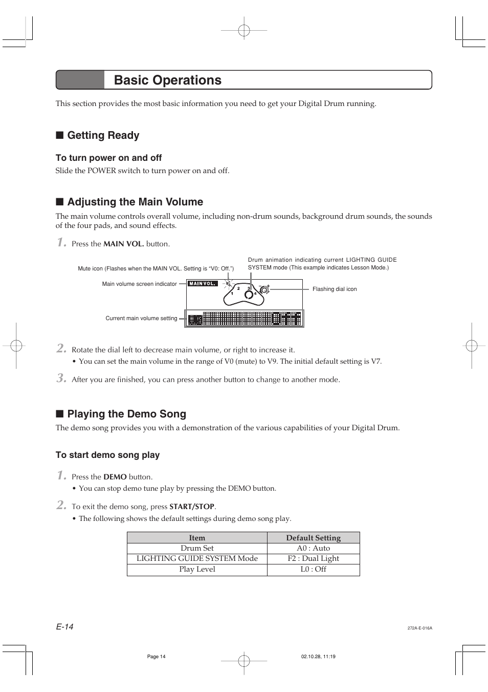 Basic operations, Getting ready, Adjusting the main volume | Playing the demo song | Casio LD50 User Manual | Page 16 / 32