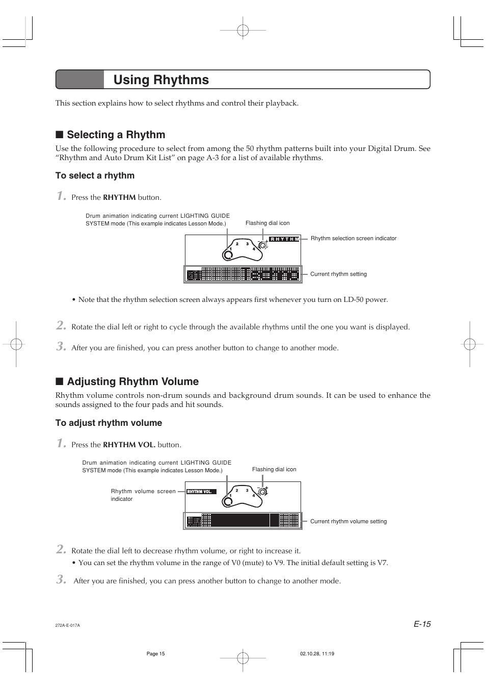 Using rhythms, Selecting a rhythm, Adjusting rhythm volume | Casio LD50 User Manual | Page 17 / 32