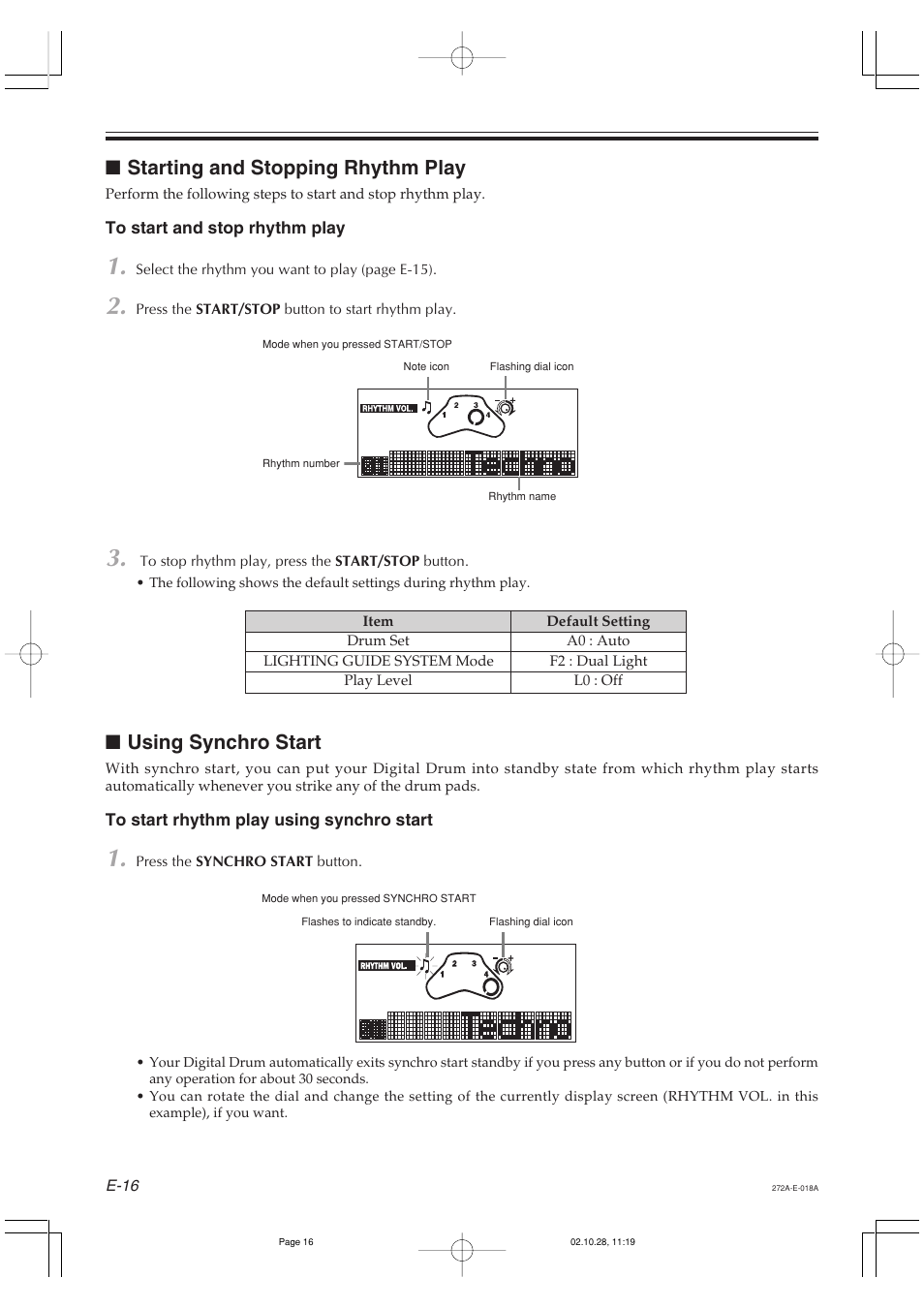 Starting and stopping rhythm play, Using synchro start | Casio LD50 User Manual | Page 18 / 32