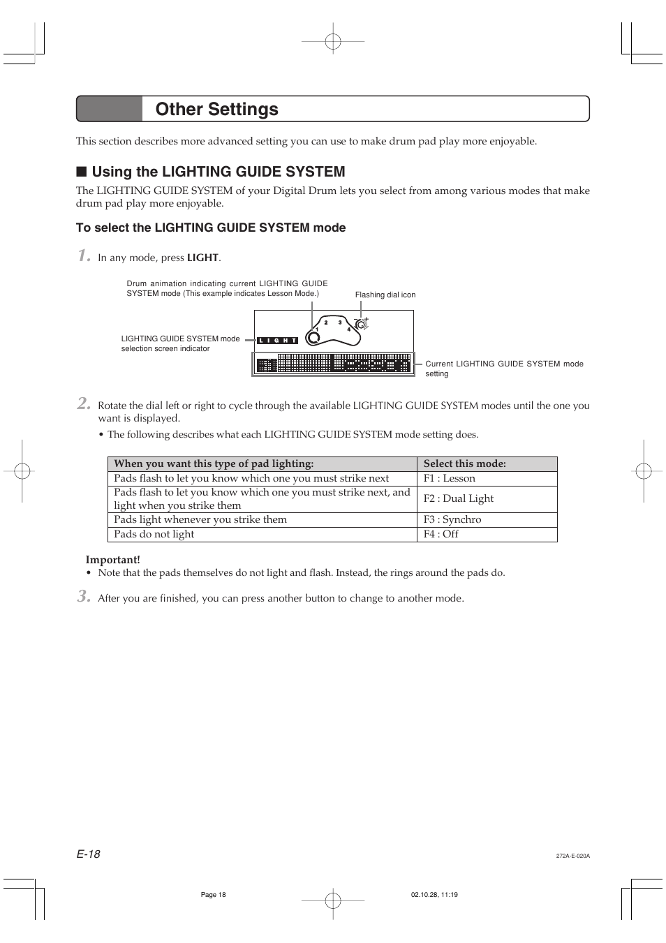 Other settings, Using the lighting guide system | Casio LD50 User Manual | Page 20 / 32