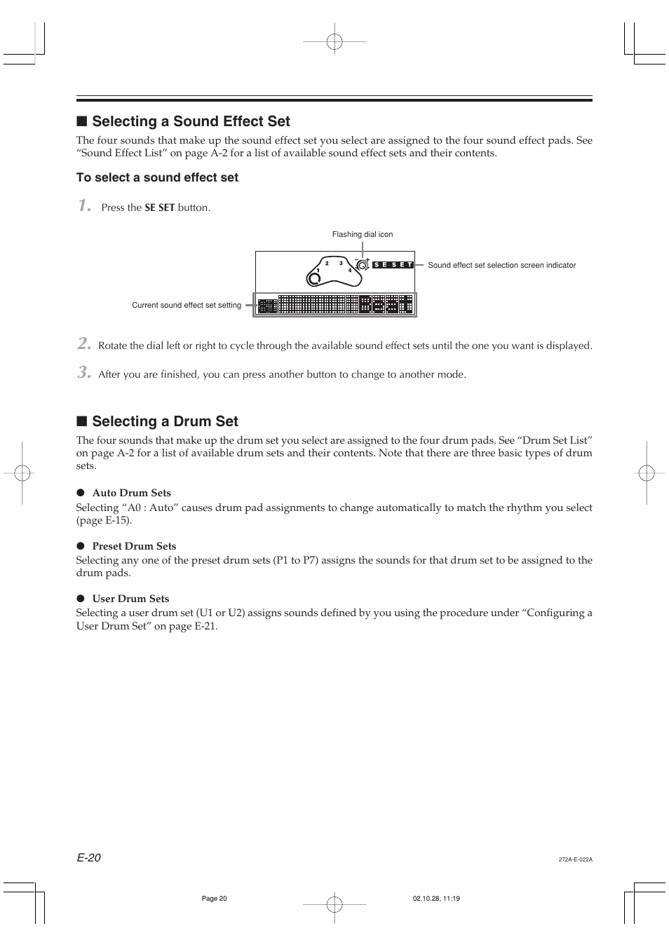 Selecting a sound effect set, Selecting a drum set | Casio LD50 User Manual | Page 22 / 32