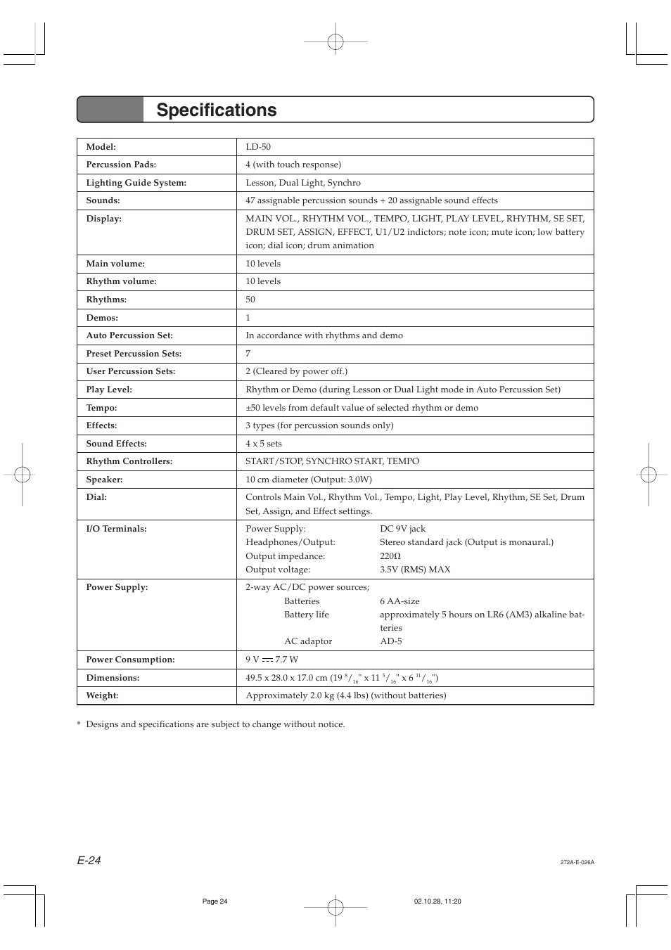 Specifications, E-24 | Casio LD50 User Manual | Page 26 / 32