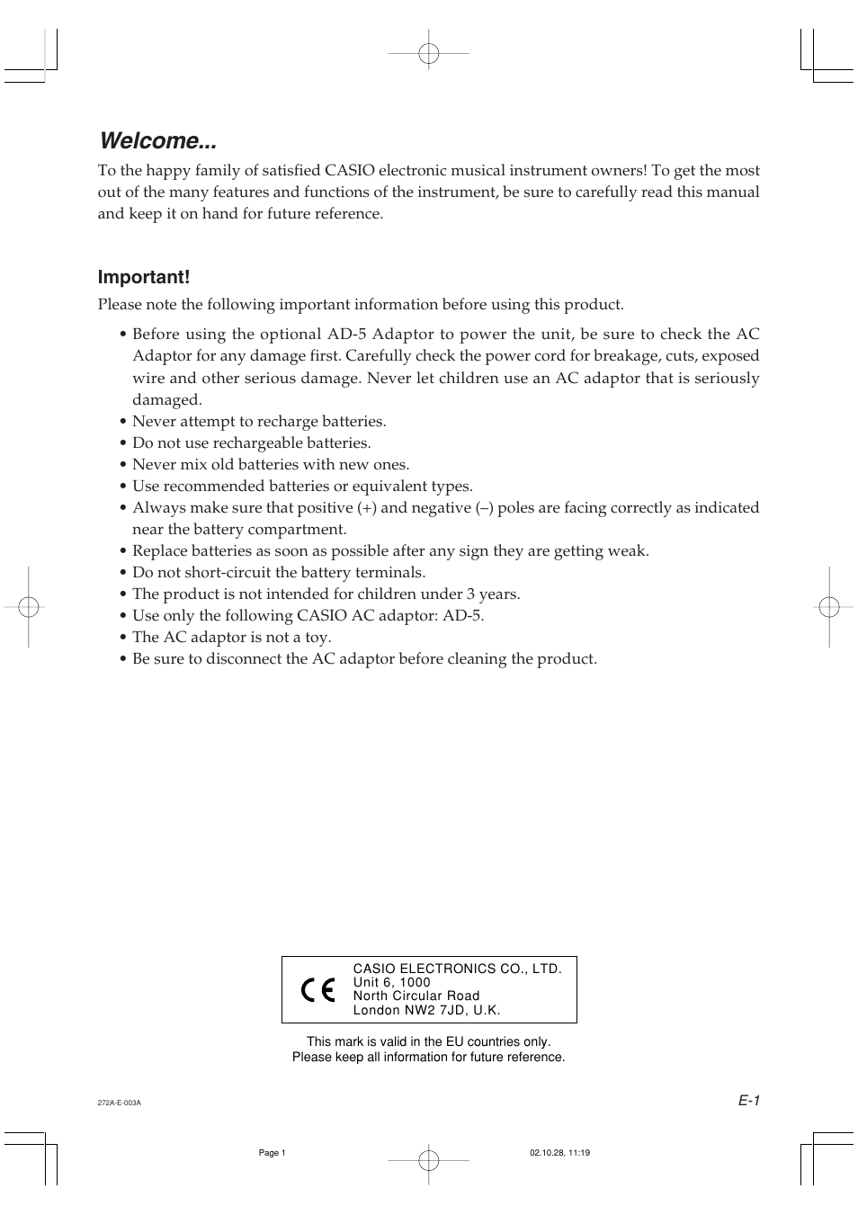 Welcome, Important | Casio LD50 User Manual | Page 3 / 32