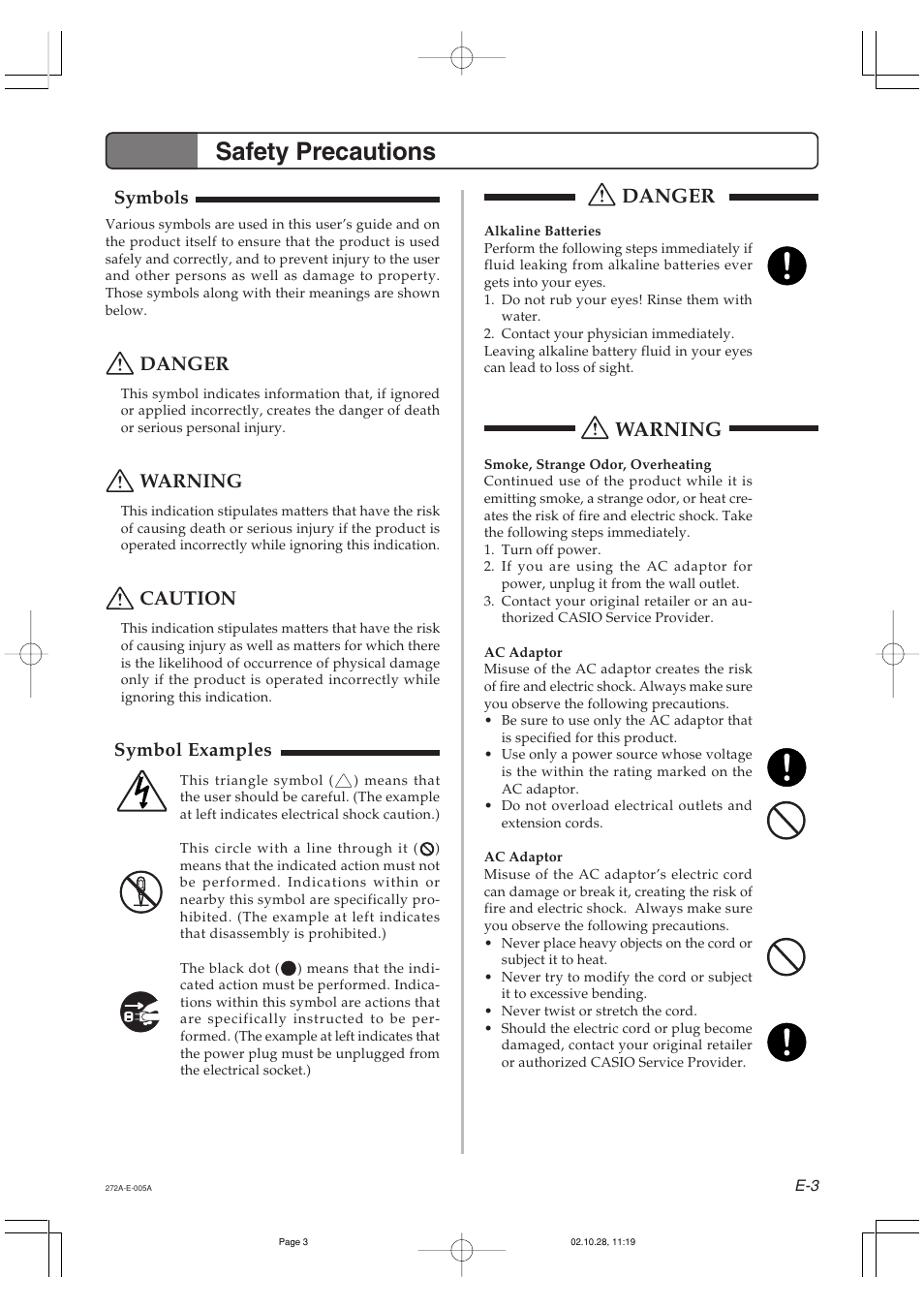 Safety precautions, Danger, Warning | Caution, Symbols, Symbol examples | Casio LD50 User Manual | Page 5 / 32