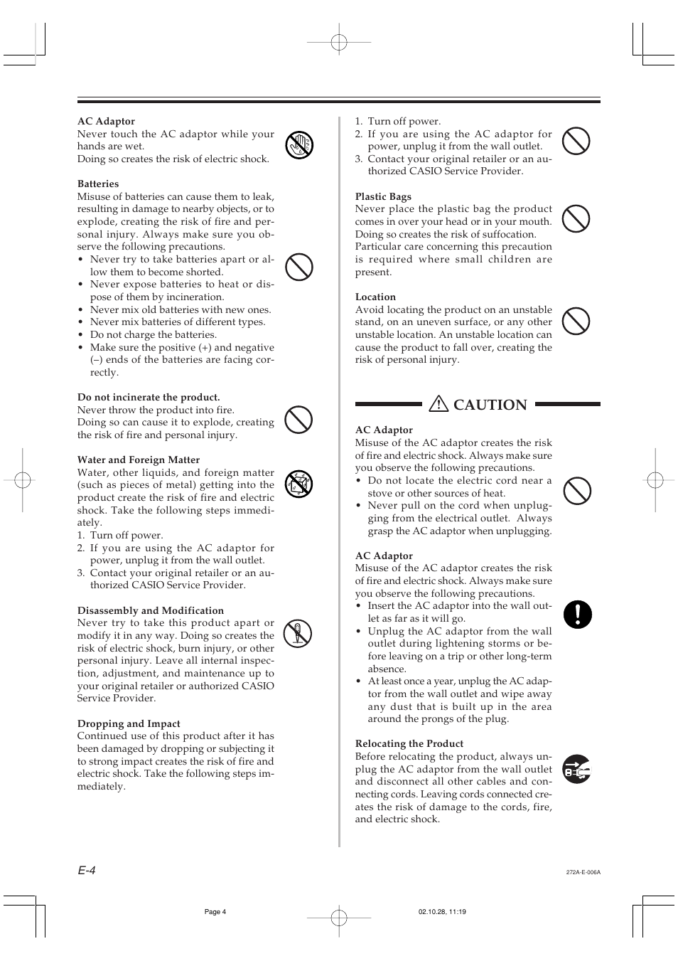 Caution | Casio LD50 User Manual | Page 6 / 32