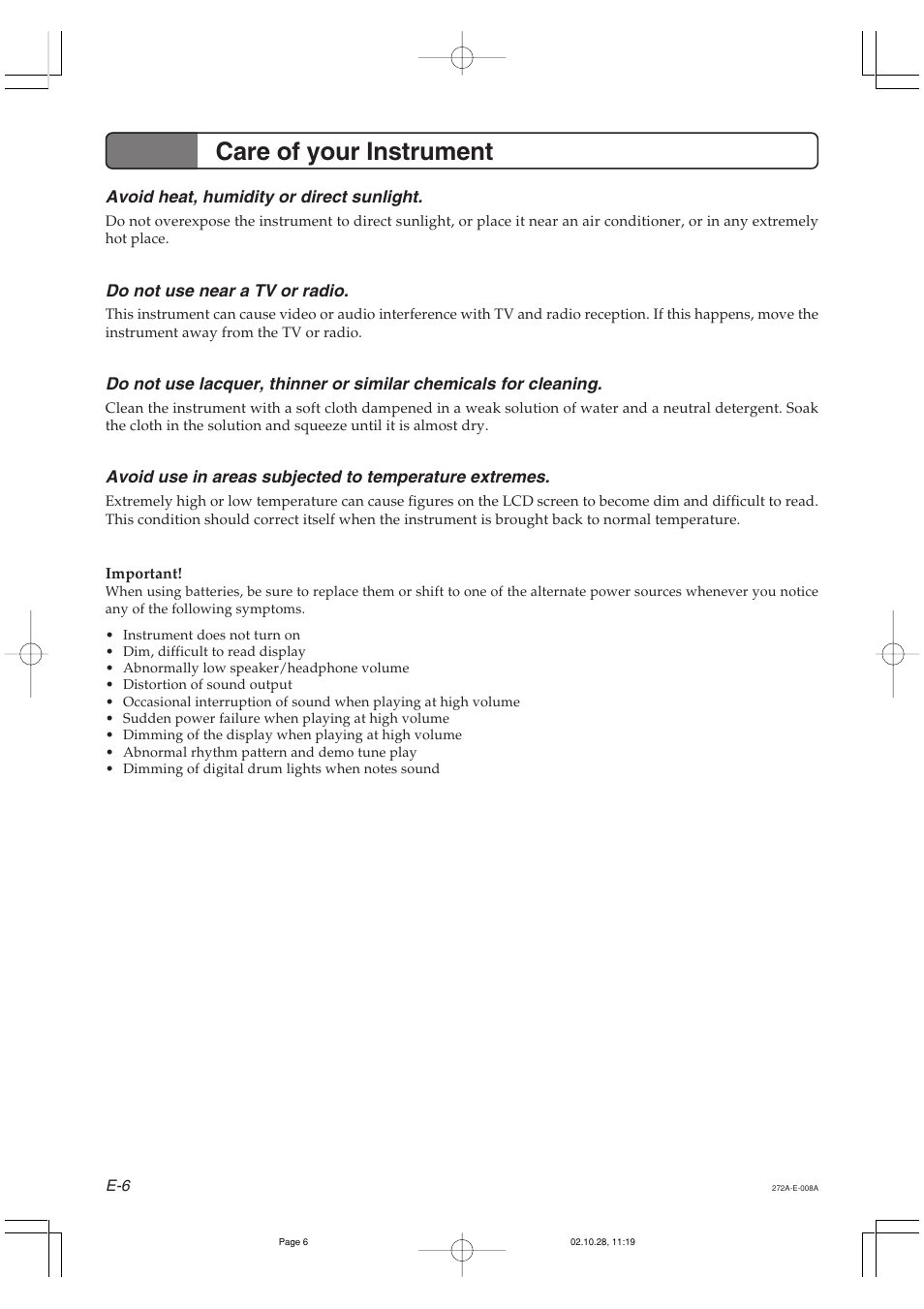 Care of your instrument | Casio LD50 User Manual | Page 8 / 32