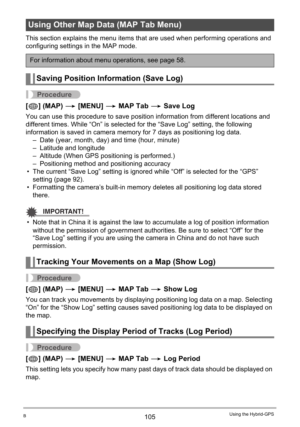 Using other map data (map tab menu), Saving position information (save log), Tracking your movements on a map (show log) | Casio EX-H20G User Manual | Page 105 / 192