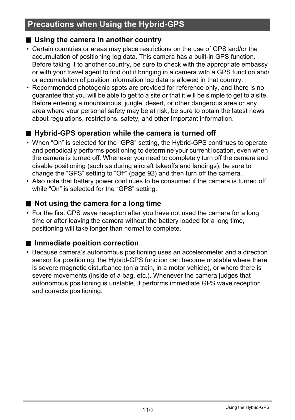 Precautions when using the hybrid-gps | Casio EX-H20G User Manual | Page 110 / 192