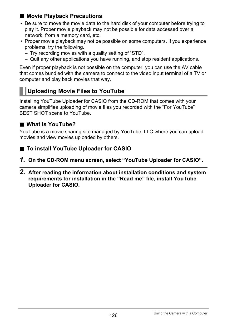 Uploading movie files to youtube | Casio EX-H20G User Manual | Page 126 / 192