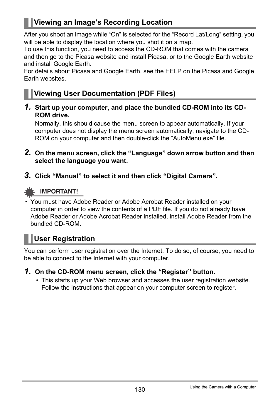 Viewing an image’s recording location, Viewing user documentation (pdf files), User registration | Casio EX-H20G User Manual | Page 130 / 192