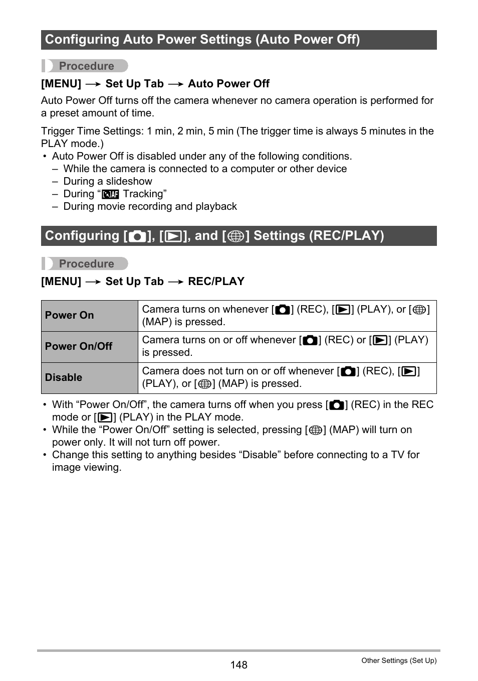Configuring auto power settings (auto power off), Configuring [_], [>], and [_] settings (rec/play), 48) will tur | Casio EX-H20G User Manual | Page 148 / 192