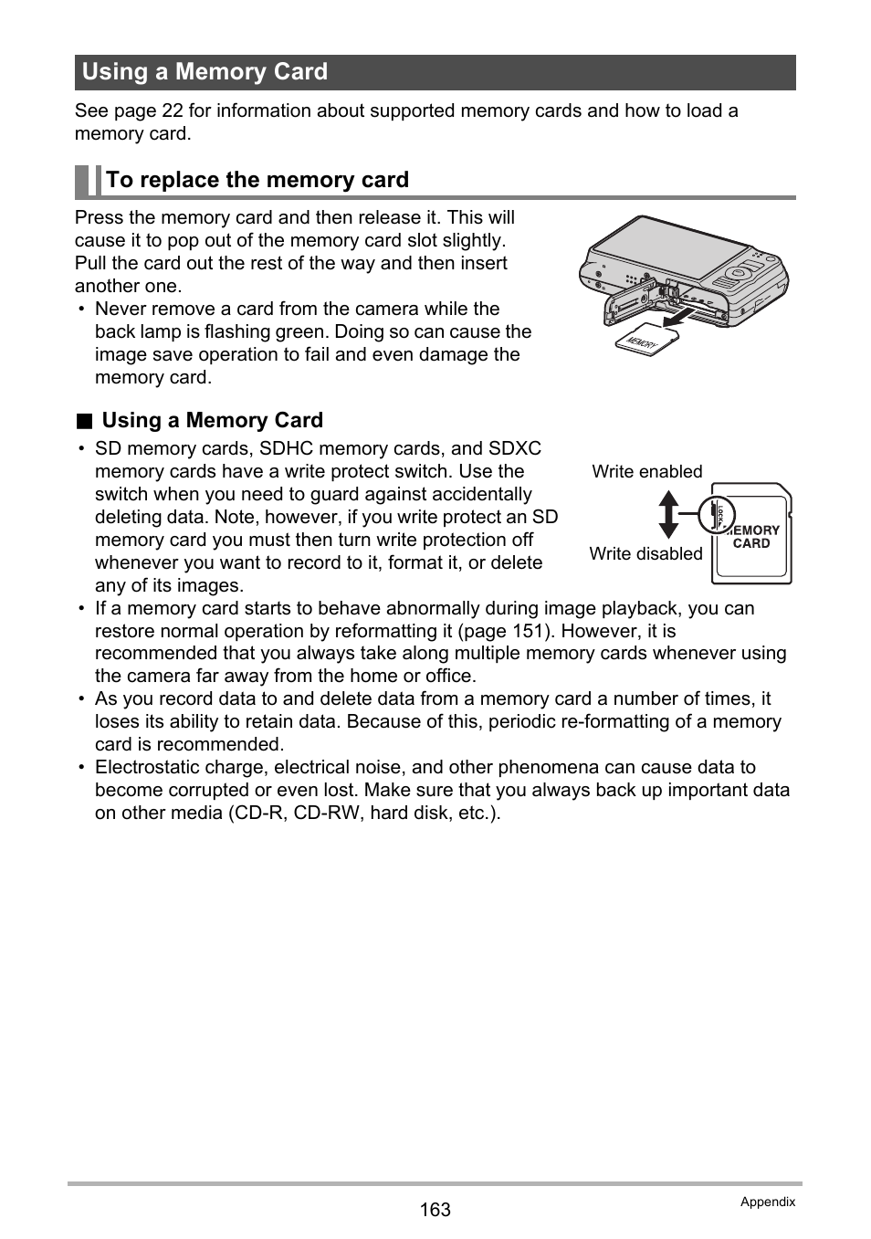 Using a memory card, To replace the memory card | Casio EX-H20G User Manual | Page 163 / 192