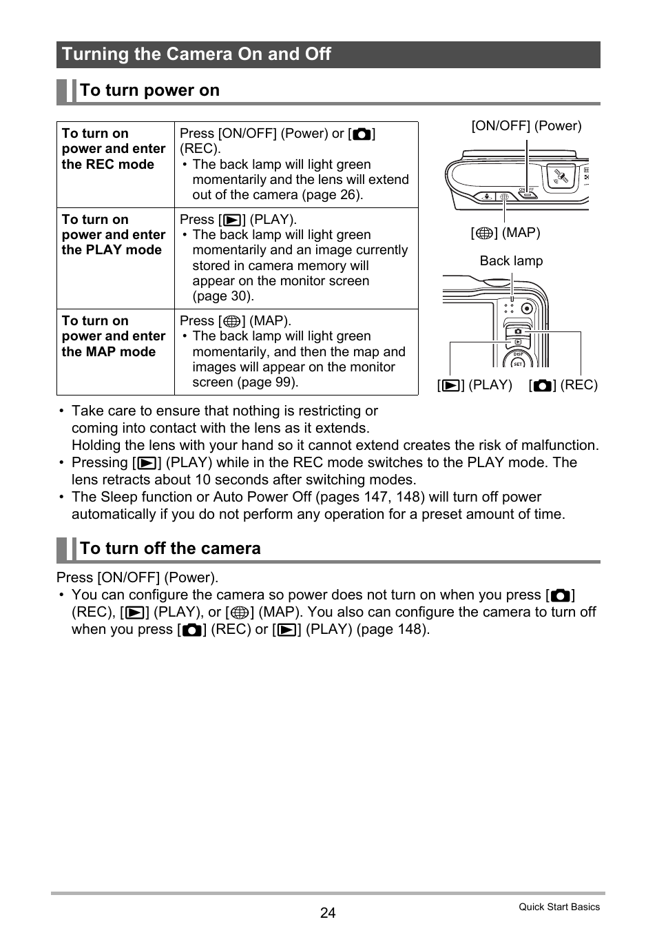 Turning the camera on and off, To turn power on, To turn off the camera | Casio EX-H20G User Manual | Page 24 / 192