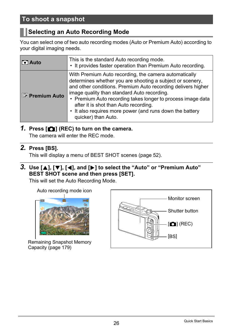 To shoot a snapshot, Selecting an auto recording mode, For more information | 26) and, Ge 26), E 26 | Casio EX-H20G User Manual | Page 26 / 192