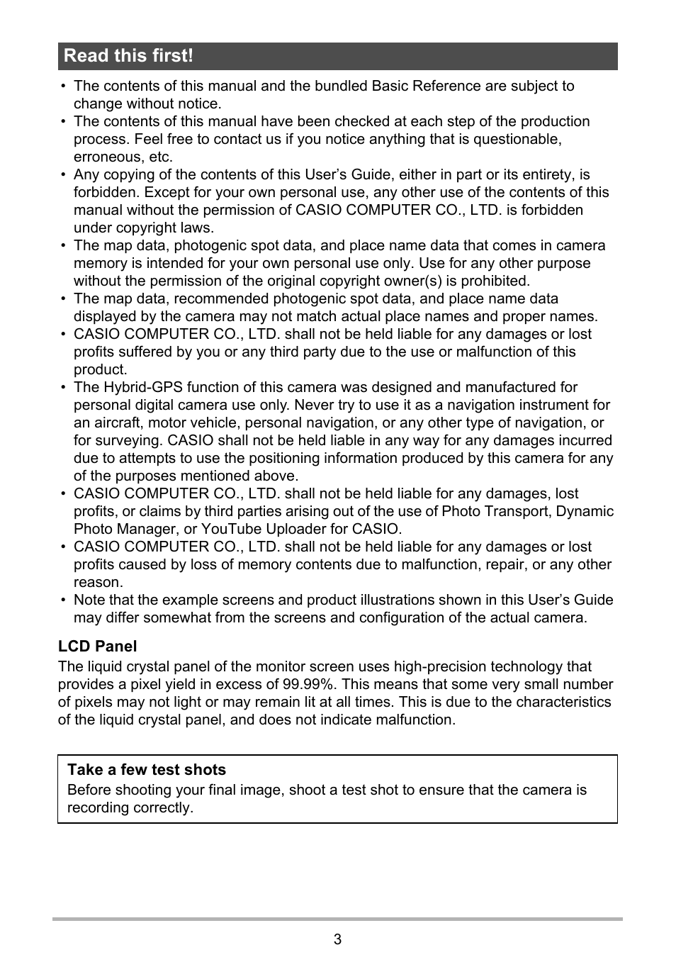 Read this first | Casio EX-H20G User Manual | Page 3 / 192