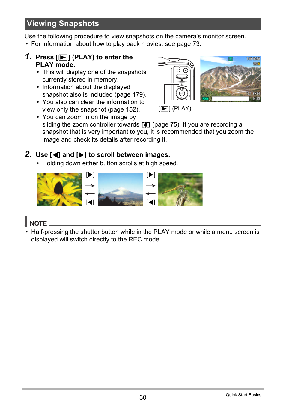 Viewing snapshots, E 30 | Casio EX-H20G User Manual | Page 30 / 192
