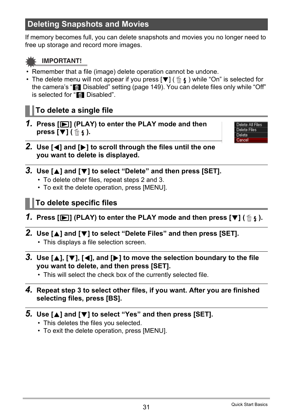 Deleting snapshots and movies, To delete a single file, To delete specific files | Casio EX-H20G User Manual | Page 31 / 192