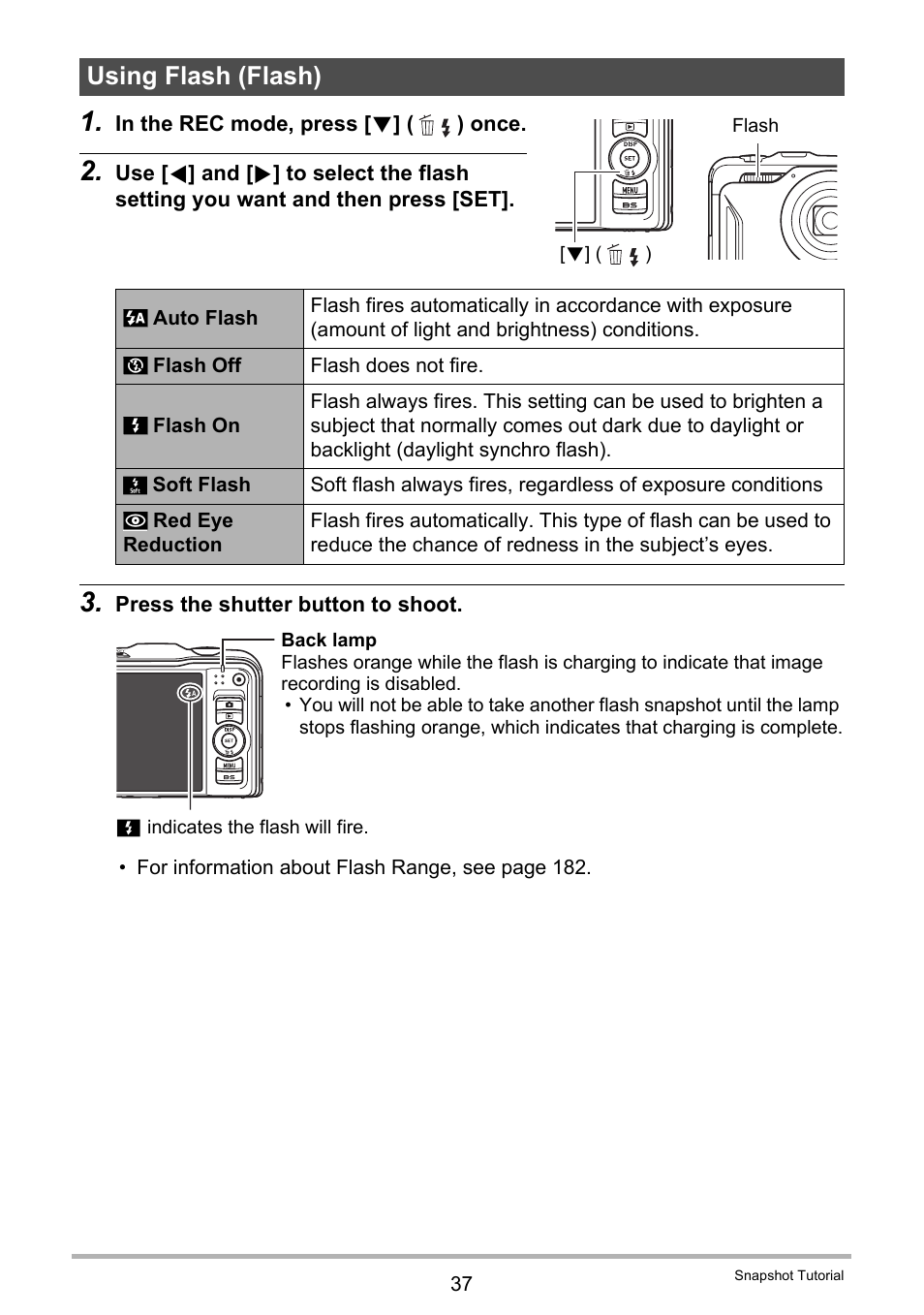 Using flash (flash) | Casio EX-H20G User Manual | Page 37 / 192