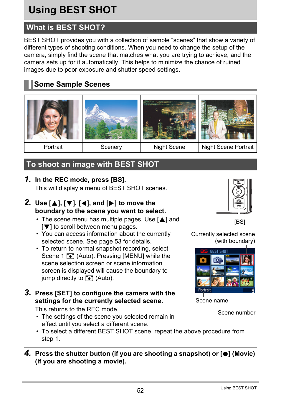 Using best shot, What is best shot, Some sample scenes | To shoot an image with best shot, 52), you can sel | Casio EX-H20G User Manual | Page 52 / 192