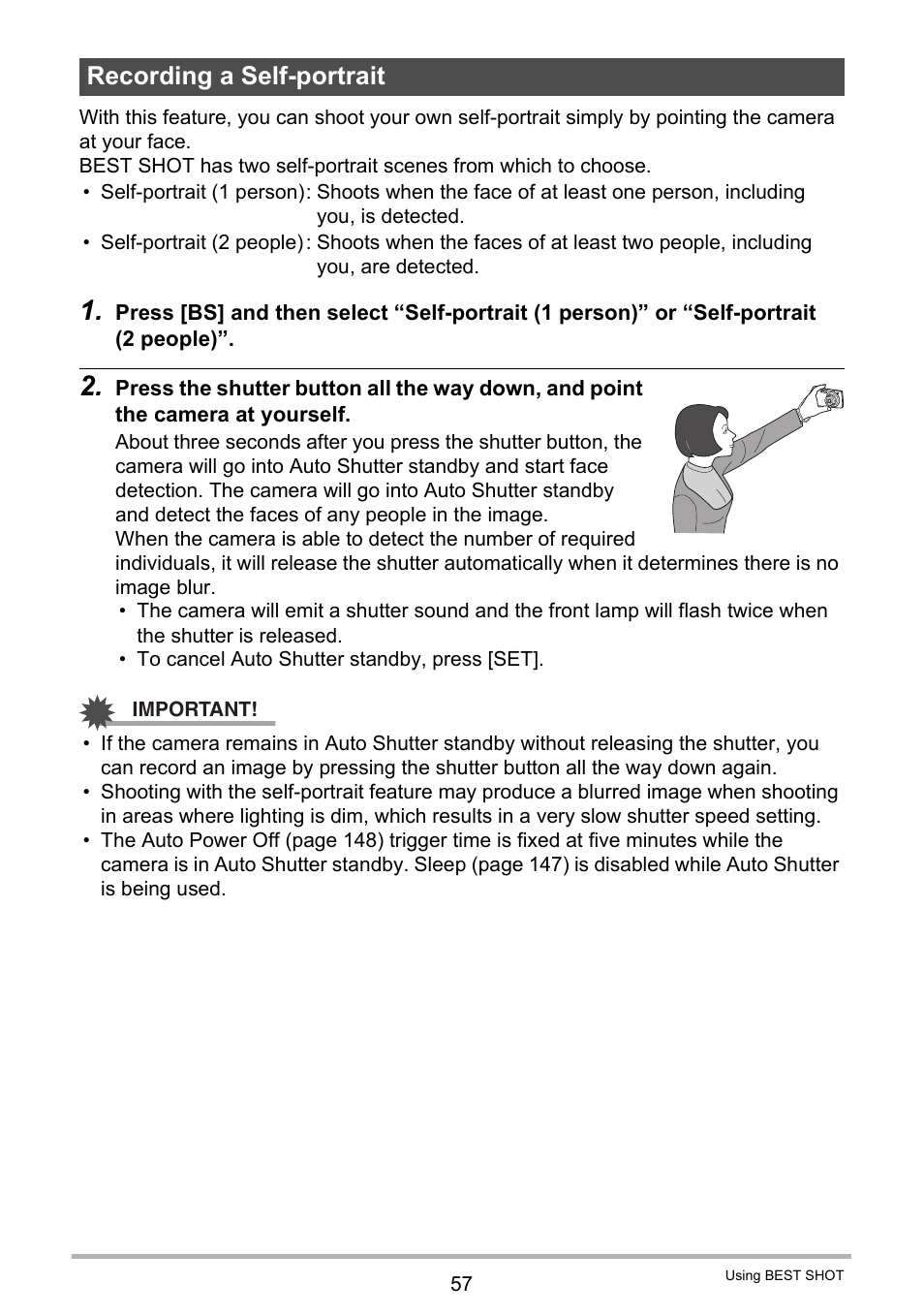 Recording a self-portrait | Casio EX-H20G User Manual | Page 57 / 192