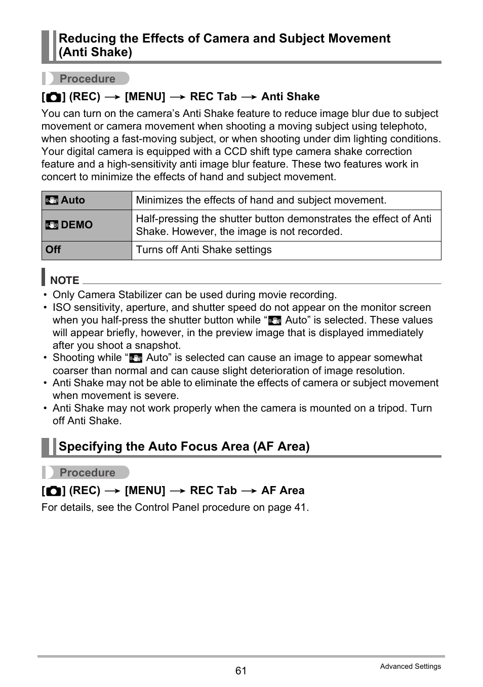 Specifying the auto focus area (af area) | Casio EX-H20G User Manual | Page 61 / 192