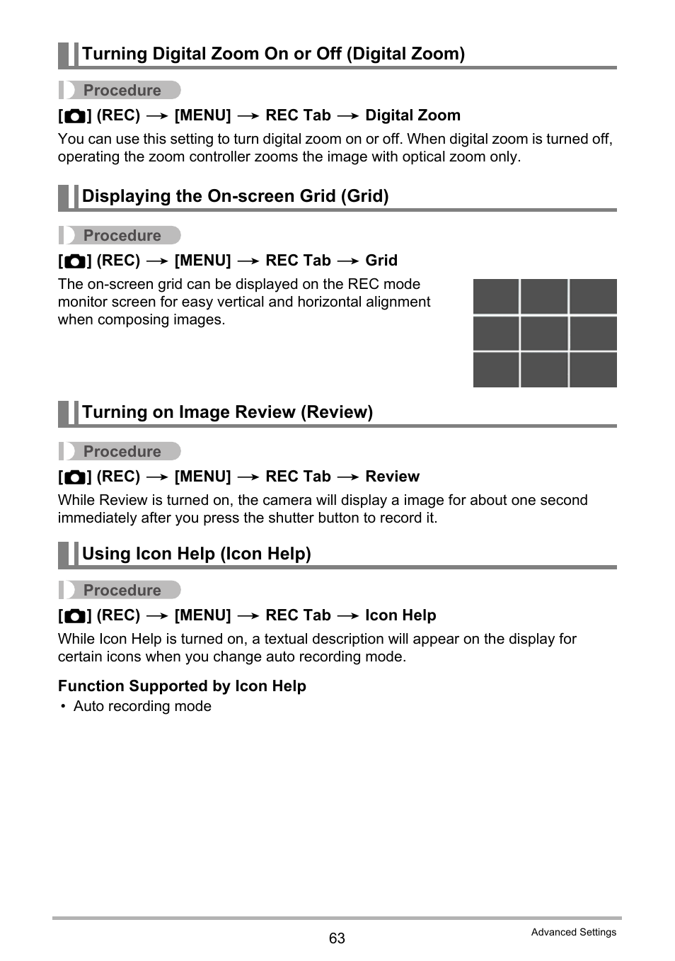 Turning digital zoom on or off (digital zoom), Displaying the on-screen grid (grid), Turning on image review (review) | Using icon help (icon help) | Casio EX-H20G User Manual | Page 63 / 192