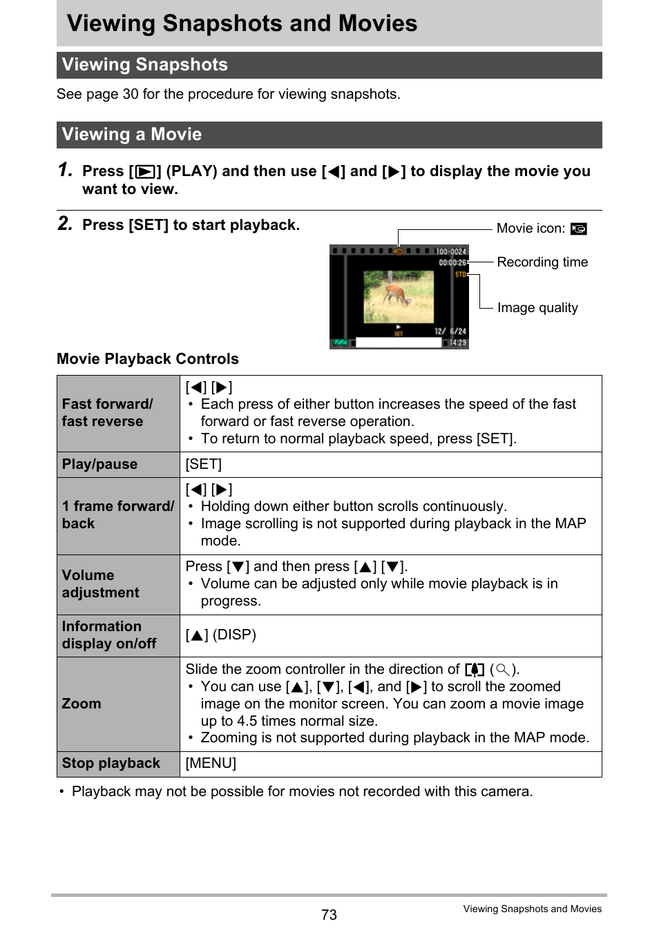 Viewing snapshots and movies, Viewing snapshots, Viewing a movie | Viewing snapshots viewing a movie, Age 73 | Casio EX-H20G User Manual | Page 73 / 192