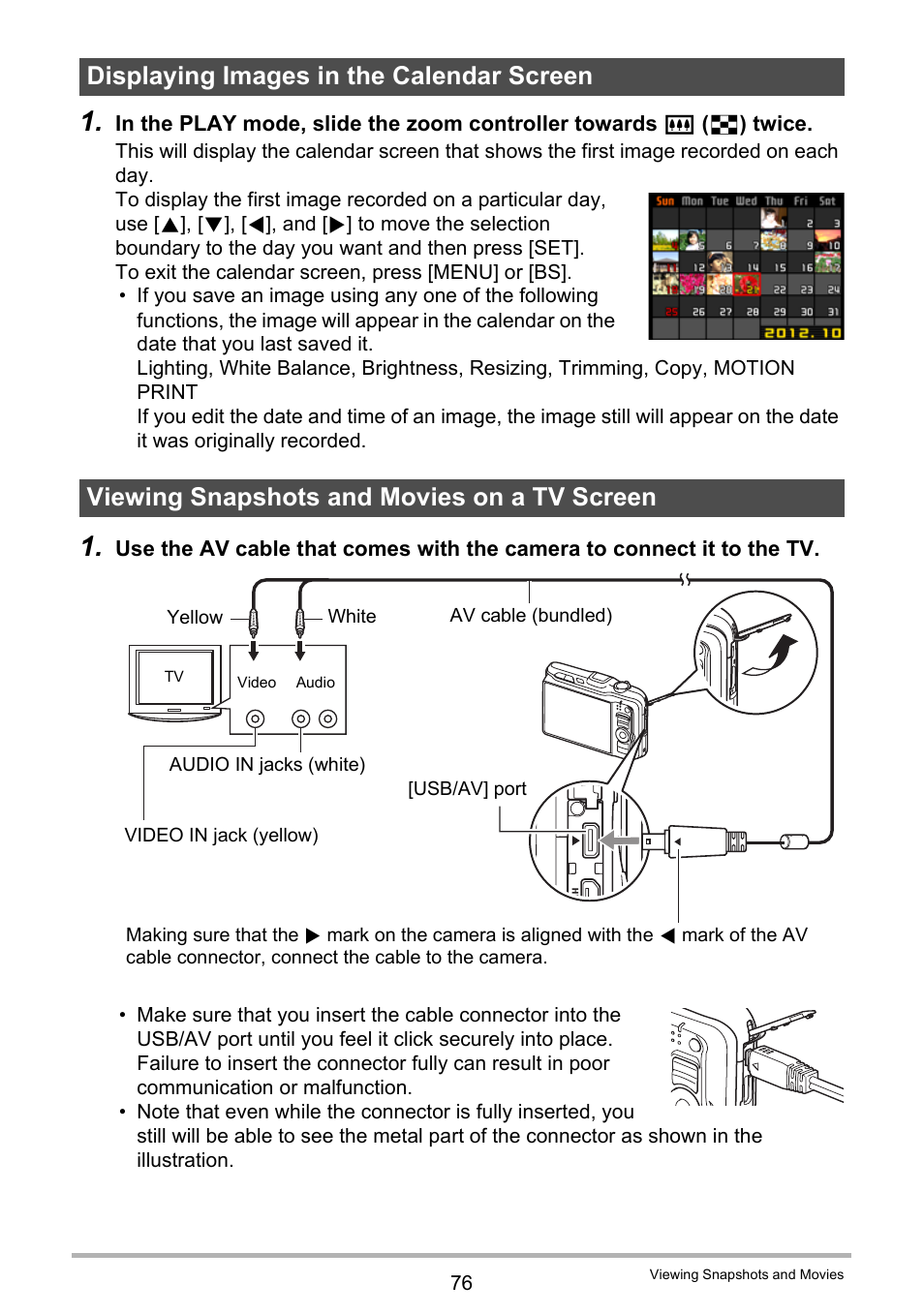 Displaying images in the calendar screen, Viewing snapshots and movies on a tv screen | Casio EX-H20G User Manual | Page 76 / 192