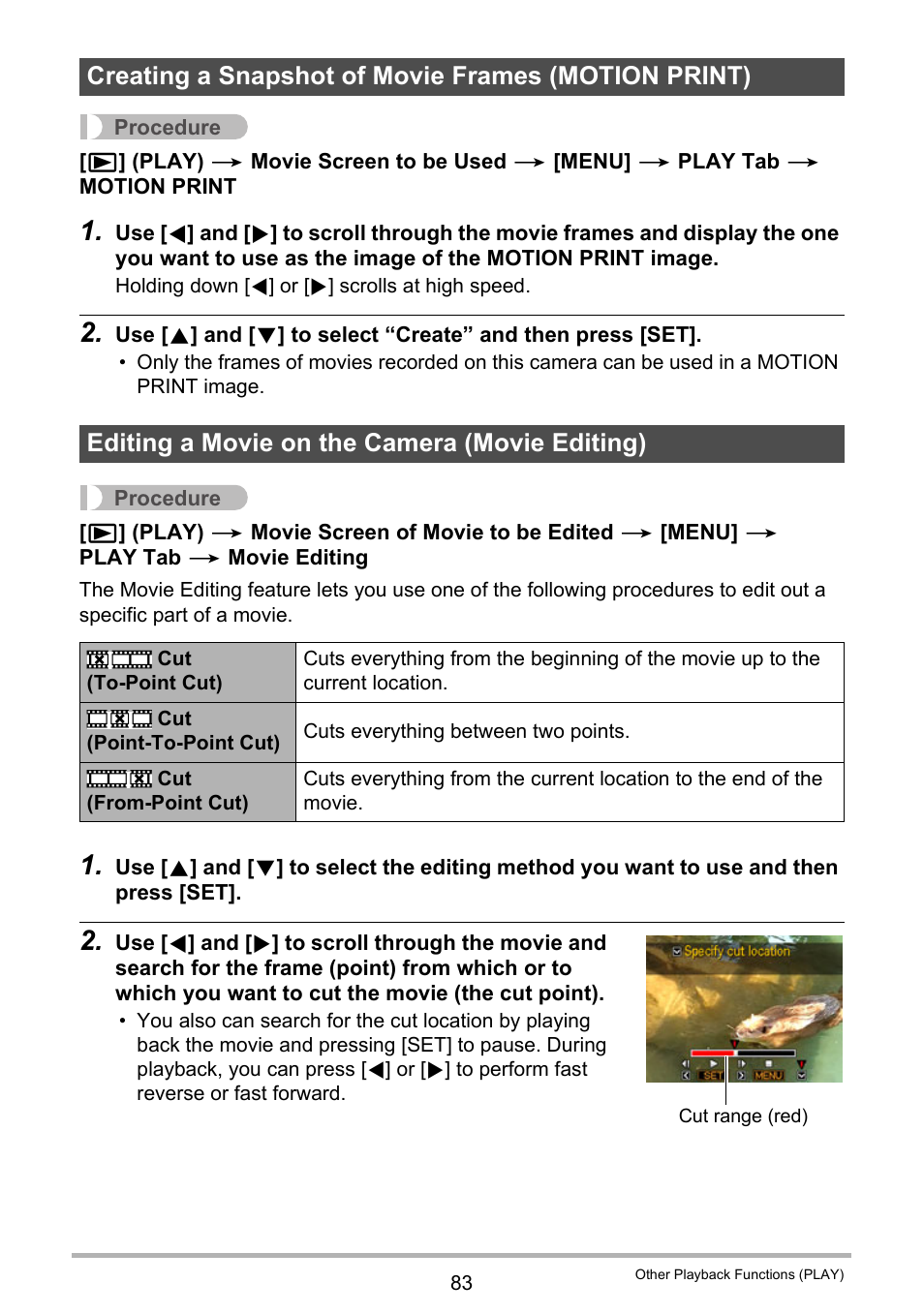 Creating a snapshot of movie frames (motion print), Editing a movie on the camera (movie editing) | Casio EX-H20G User Manual | Page 83 / 192