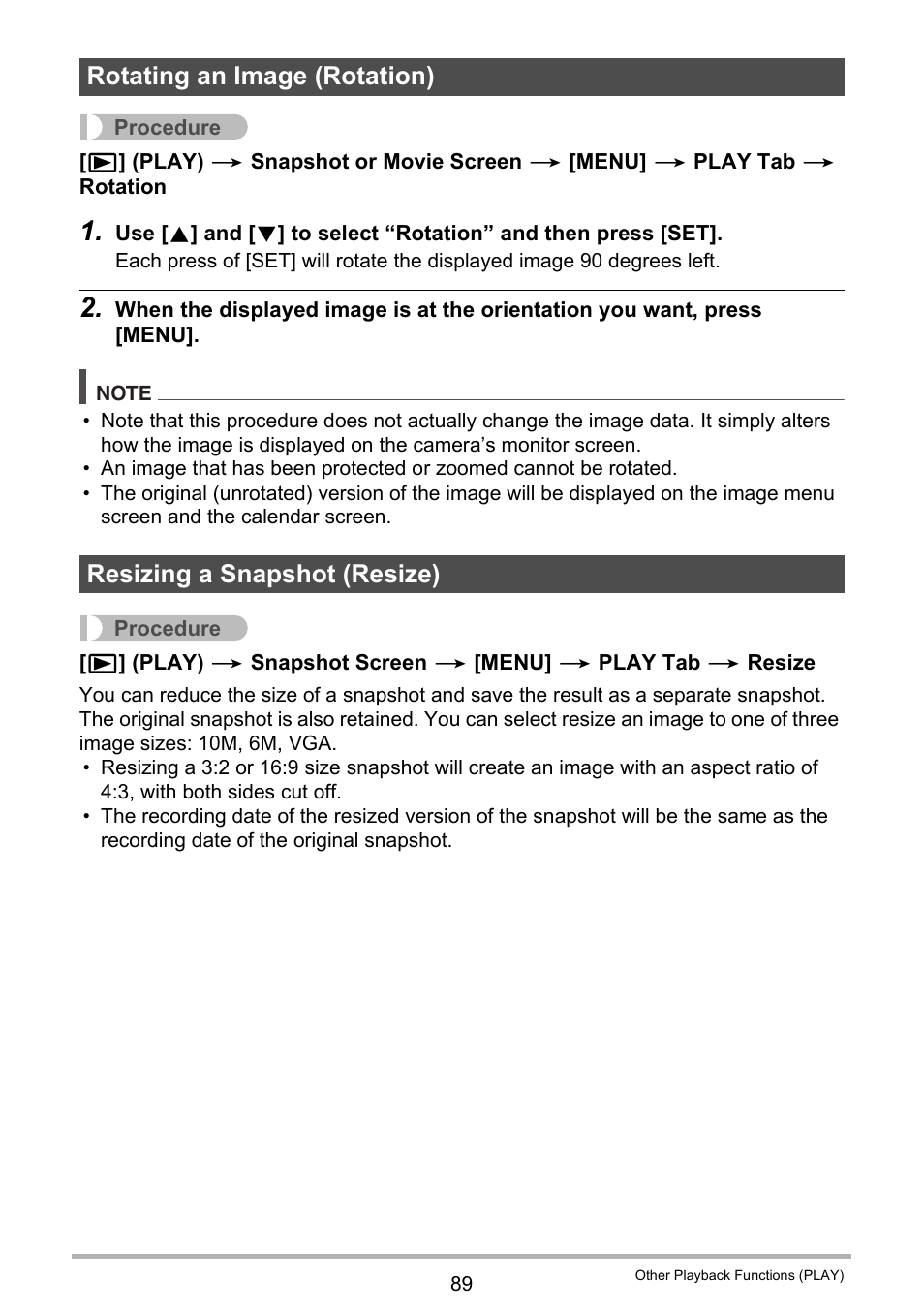 Rotating an image (rotation), Resizing a snapshot (resize) | Casio EX-H20G User Manual | Page 89 / 192