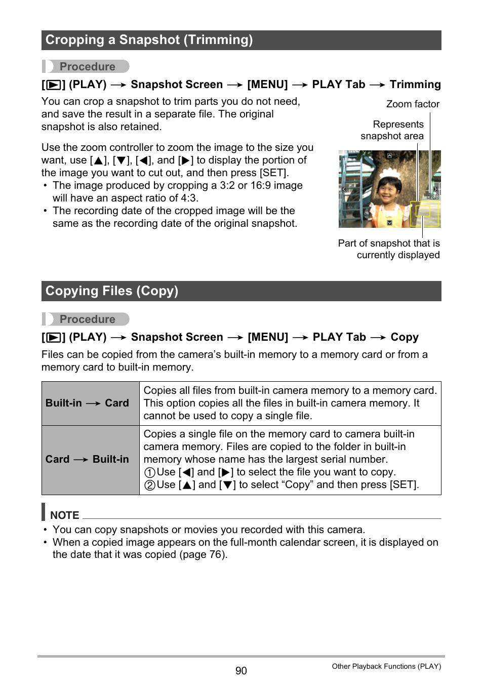 Cropping a snapshot (trimming), Copying files (copy) | Casio EX-H20G User Manual | Page 90 / 192