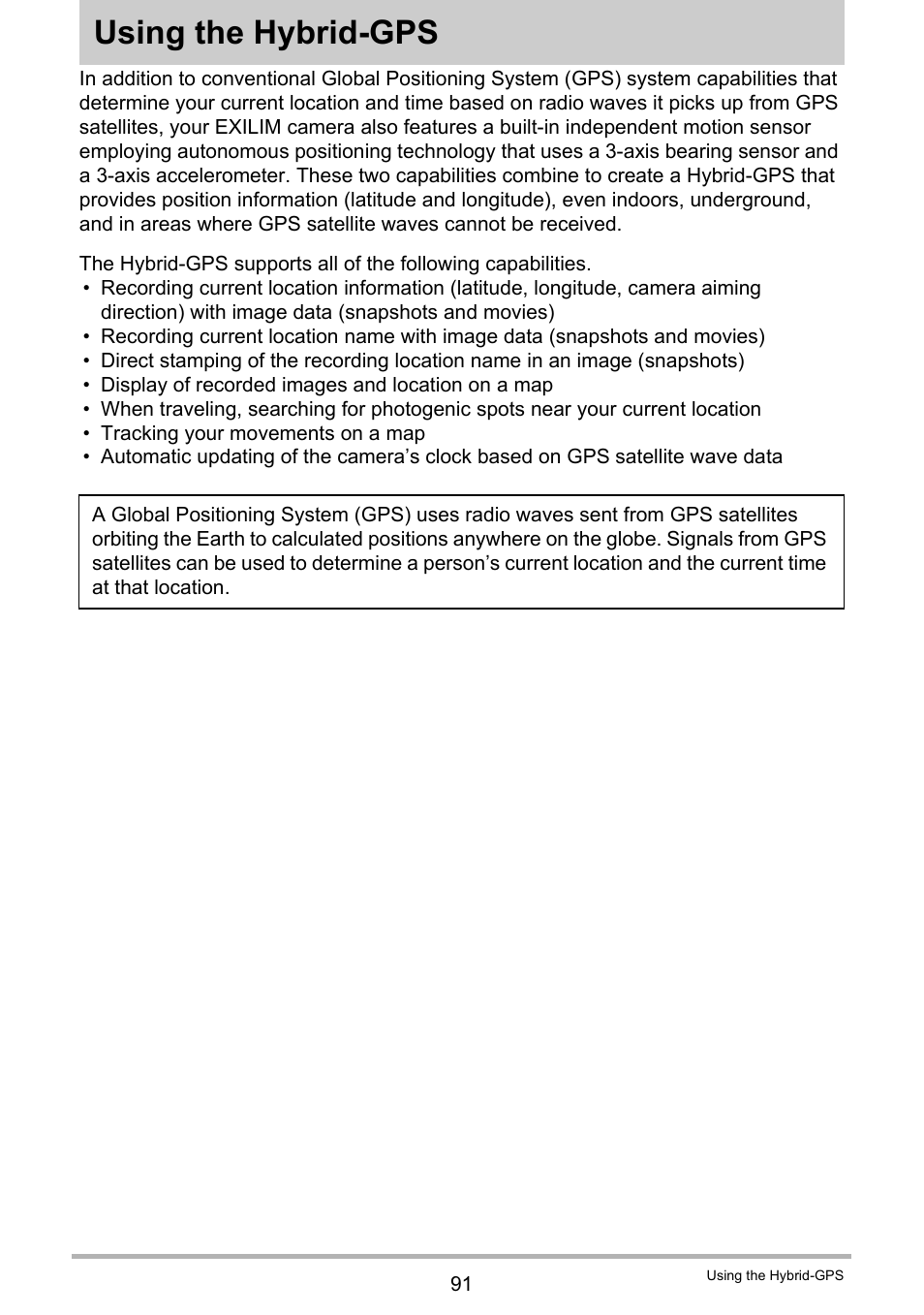 Using the hybrid-gps, See “using the hybrid-gps, For more information | Casio EX-H20G User Manual | Page 91 / 192