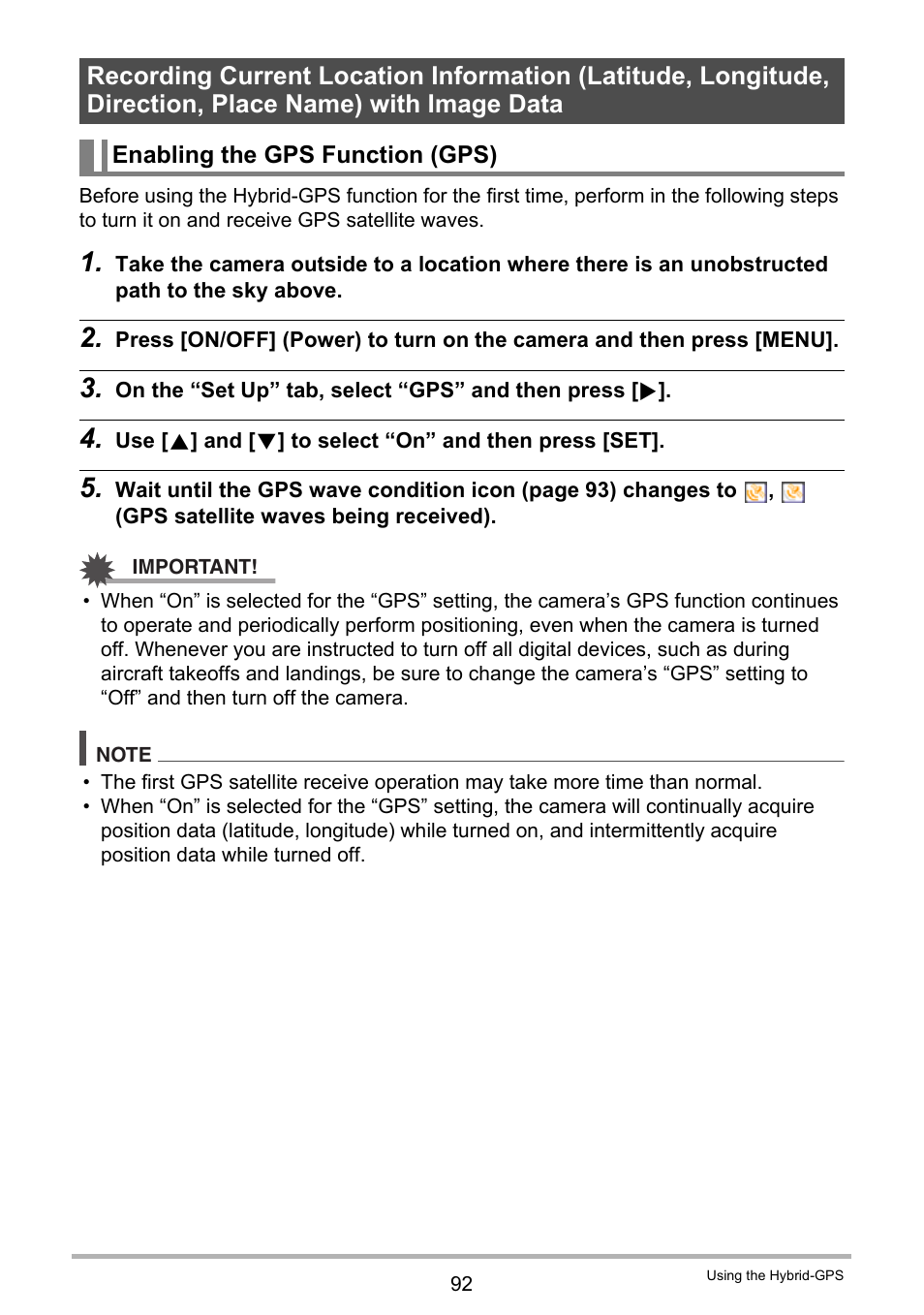 Enabling the gps function (gps), E 92), candidates | Casio EX-H20G User Manual | Page 92 / 192