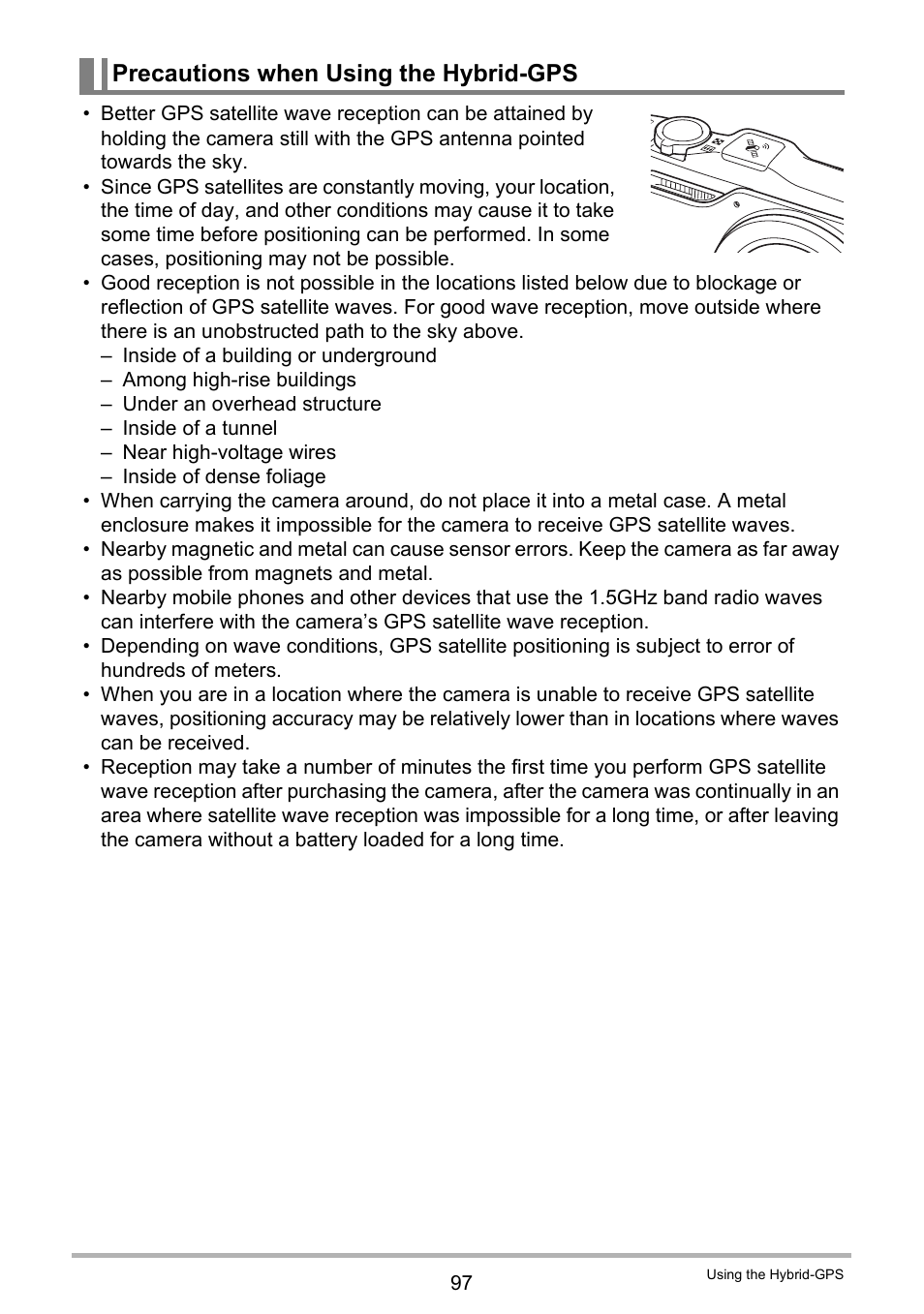 Precautions when using the hybrid-gps | Casio EX-H20G User Manual | Page 97 / 192