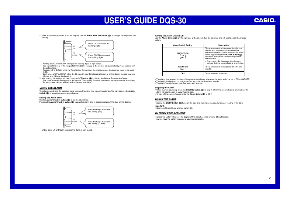 Using the alarm, Using the light, Battery replacement | User’s guide dqs-30 | Casio DQS-30 User Manual | Page 2 / 2