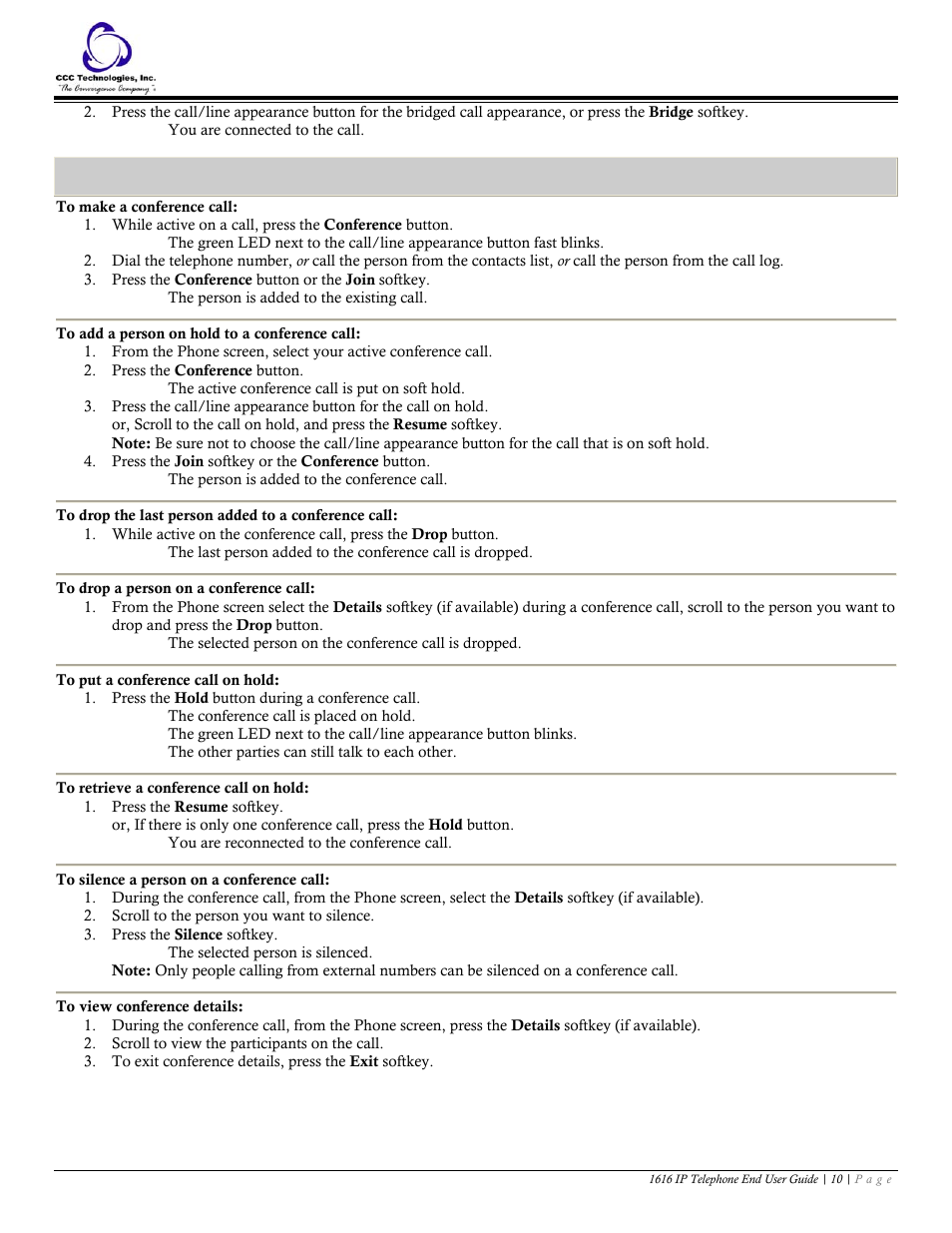 Conference, To make a conference call, To add a person on hold to a conference call | To drop the last person added to a conference call, To drop a person on a conference call, To put a conference call on hold, To retrieve a conference call on hold, To silence a person on a conference call, To view conference details | Avaya 1616 IP User Manual | Page 10 / 20