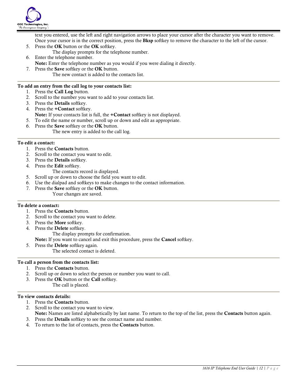 To edit a contact, To delete a contact, To call a person from the contacts list | To view contacts details | Avaya 1616 IP User Manual | Page 12 / 20