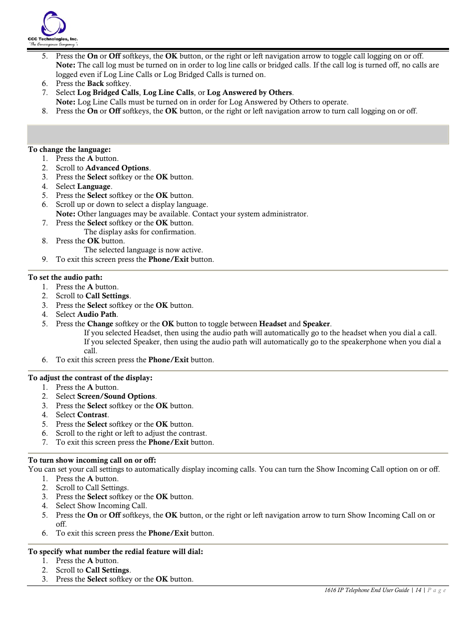 Telephone settings, To change the language, To set the audio path | To adjust the contrast of the display, To turn show incoming call on or off | Avaya 1616 IP User Manual | Page 14 / 20