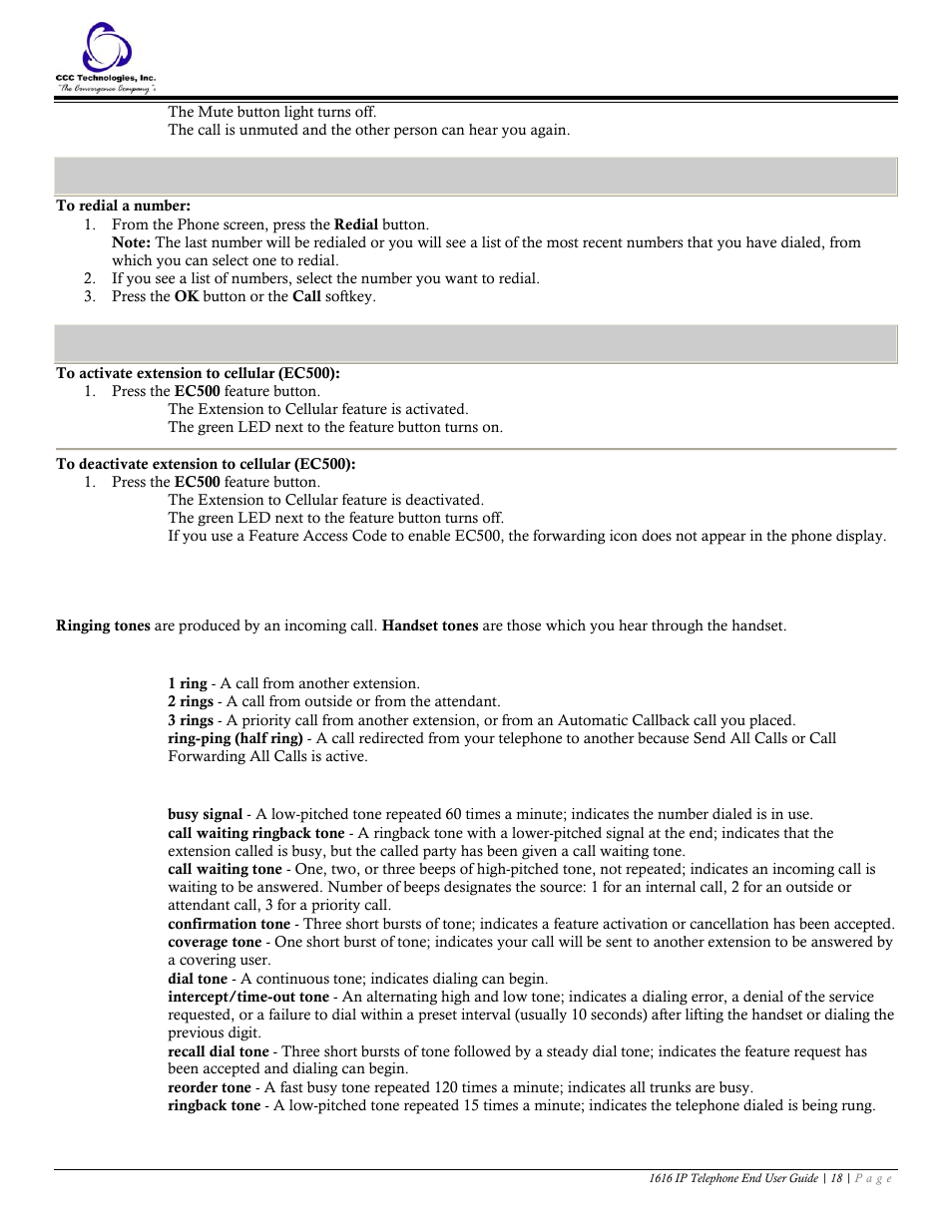 Redial, To redial a number, Simultaneous ringing | To activate extension to cellular (ec500), To deactivate extension to cellular (ec500), Tones and their meanings | Avaya 1616 IP User Manual | Page 18 / 20
