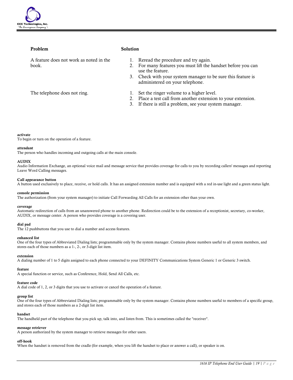 Troubleshooting, Glossary | Avaya 1616 IP User Manual | Page 19 / 20