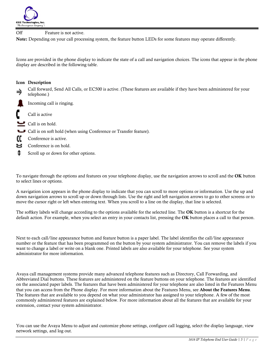 About icons, Table 3. icons in the telephone display, About scrolling and navigation | About paper labels, Advanced telephone features, Avaya menu | Avaya 1616 IP User Manual | Page 5 / 20